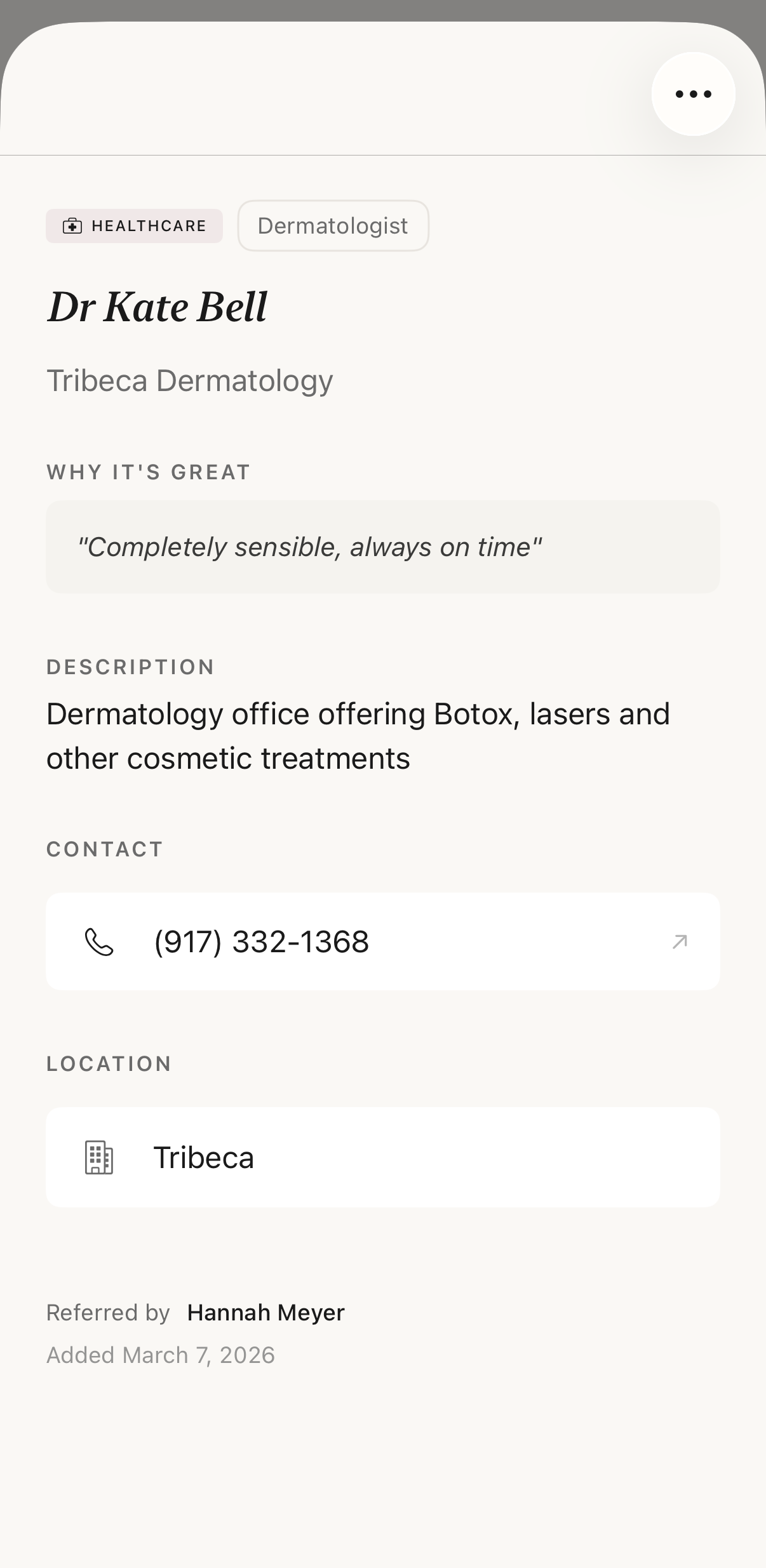 GemBook referral detail for Dr. Kate Bell at Tribeca Dermatology showing description, contact info, location, and referred by Hannah Meyer